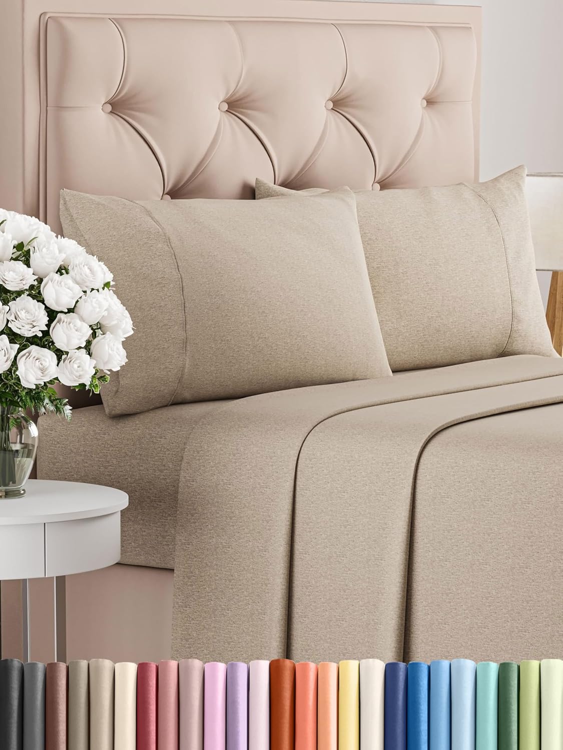 King Size 4 Piece Sheet Set - Comfy Breathable & Cooling Bed Sheets Set - Hotel Luxury Bedding for Women, Men, Kids, Teens, Boys & Girls - Deep Pockets, Soft & Wrinkle Free - Beige (Heathered Sheets)