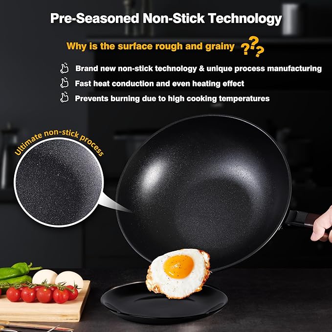 Carbon Steel Wok -13 Inch Woks & Stir-fry Pans Nonstick, Wok Pan with Glass Lid Spatula and Dish Brush: Pre-Seasoned Flat Bottom Chinese Wok for Induction, Electric, Gas, All Stoves