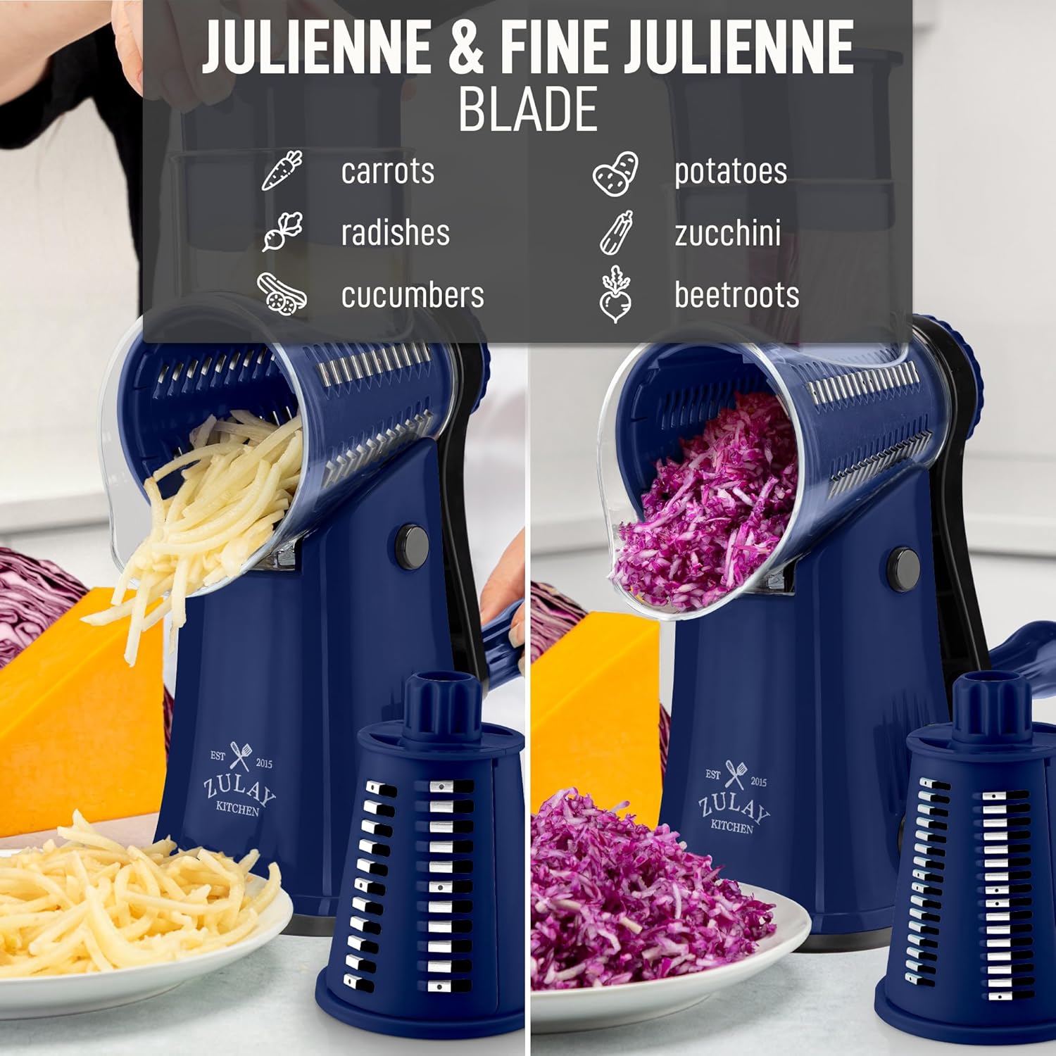 Zulay Kitchen Rotary Cheese Grater 5 Blade Cheese Shredder - Manual Hand Crank Cheese Grater With Reinforced Suction & 5 Interchangeable Drums - Easy to Use, Vegetable Chopper Round Mandoline Slicer - Culinary Roots