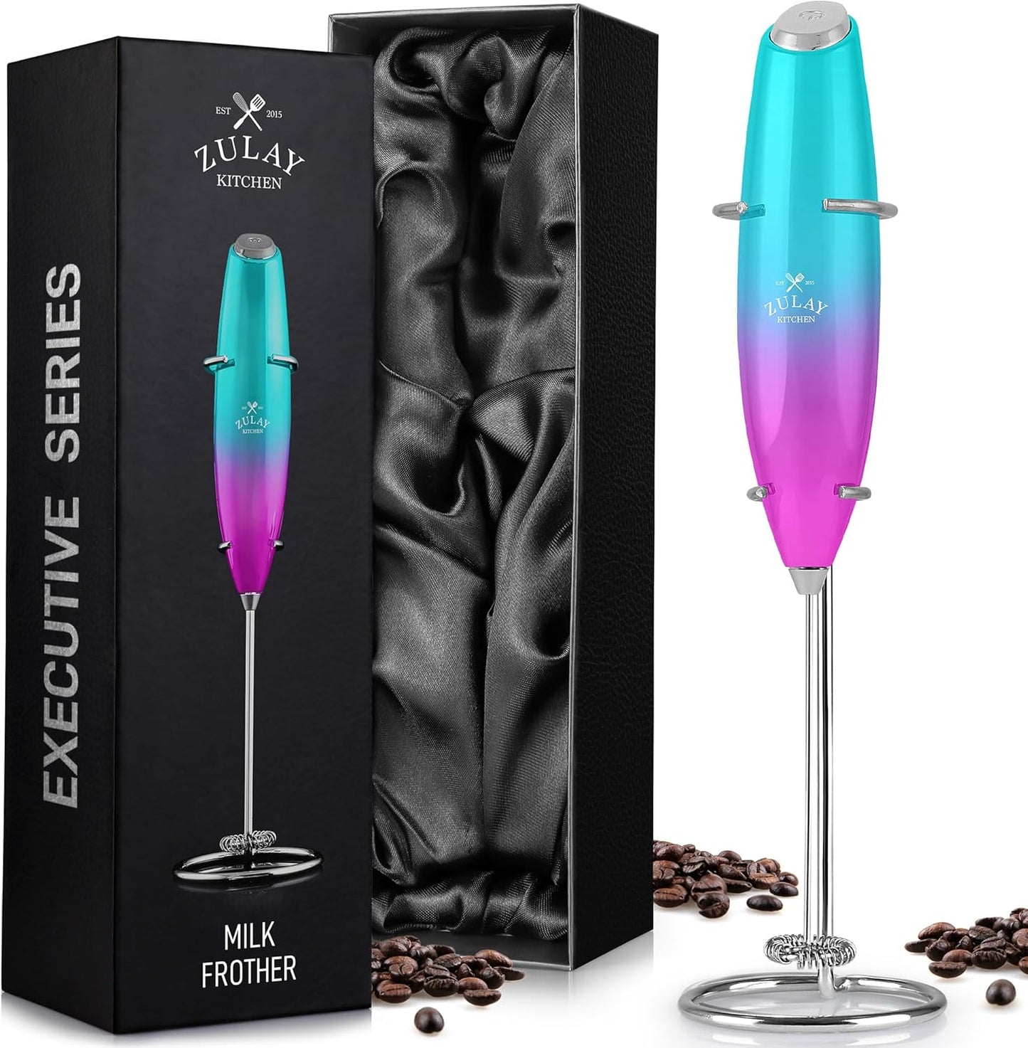 Zulay Kitchen Executive Series Milk Frother Wand - Upgraded & Improved Stand - Ideal Coffee Gift - Coffee Frother Handheld Foam Maker For Lattes - Electric Milk Frother Handheld For Cappuccino - Culinary Roots