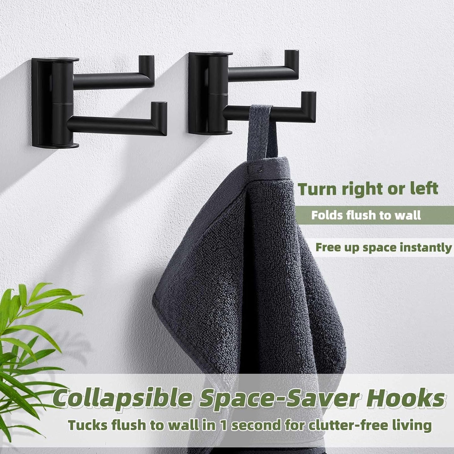 APLusee Swivel Towel Hook Matte Black 2 Pack, 304 Stainless Steel Towel Holder Bathroom Robe Hook, Folding Wall Hook Wall Mounted