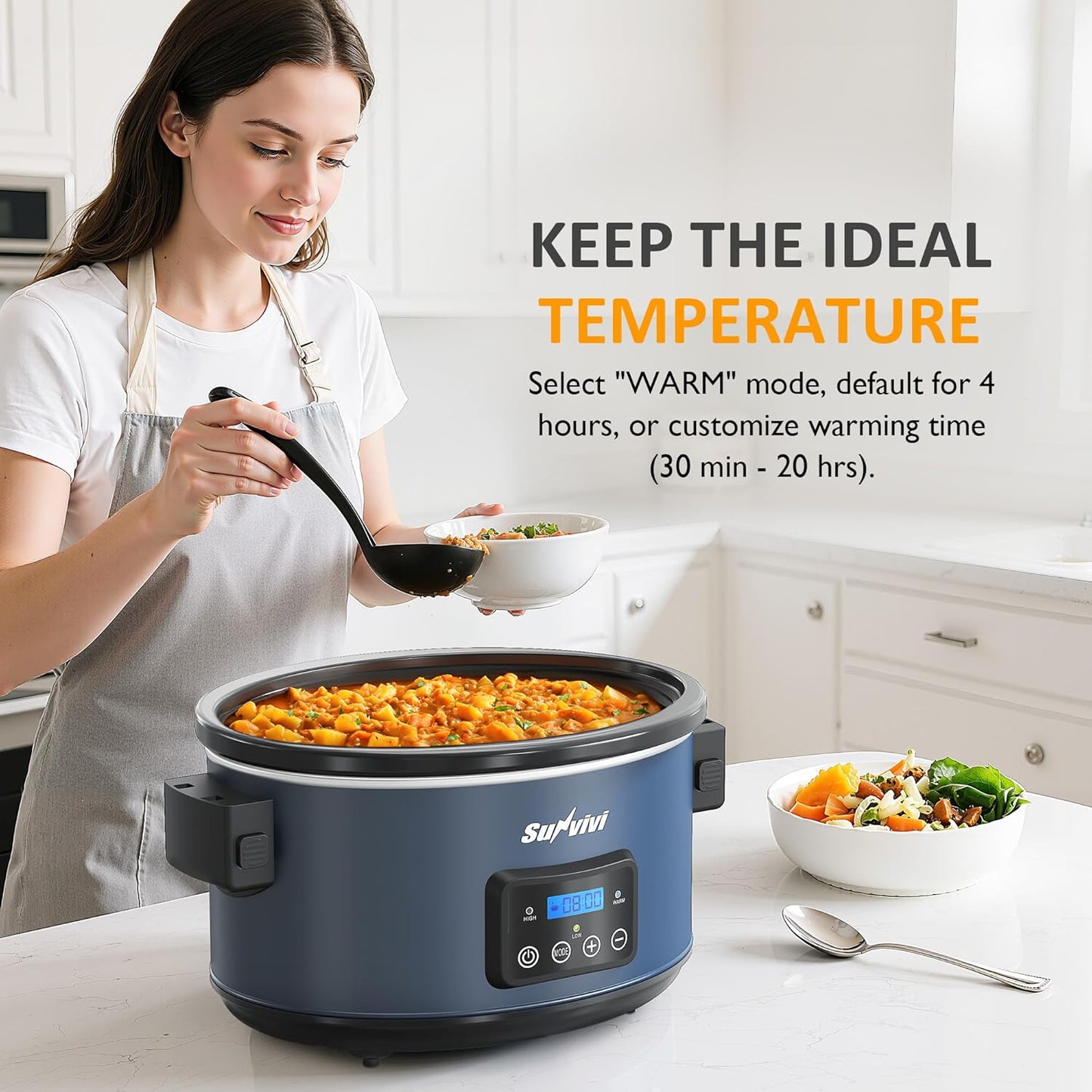 Sunvivi 8.5 Quart Programmable Slow Cooker: Multi-Cooker Food Warmer with Locking Lid & Digital Timer, Adjustable Tempature Control, Dishwasher Safe, Perfect for Families and Gatherings, Blue - Culinary Roots