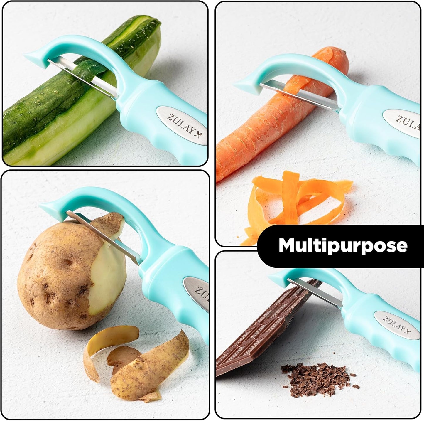 Zulay Kitchen Premium Vegetable Peeler for Kitchen - Swivel Peeler with Razor Sharp Stainless Steel Blades & Strong Ergonomic Handle - Dishwasher Safe, Easy To Use with Blemish Remover - Light Blue - Culinary Roots