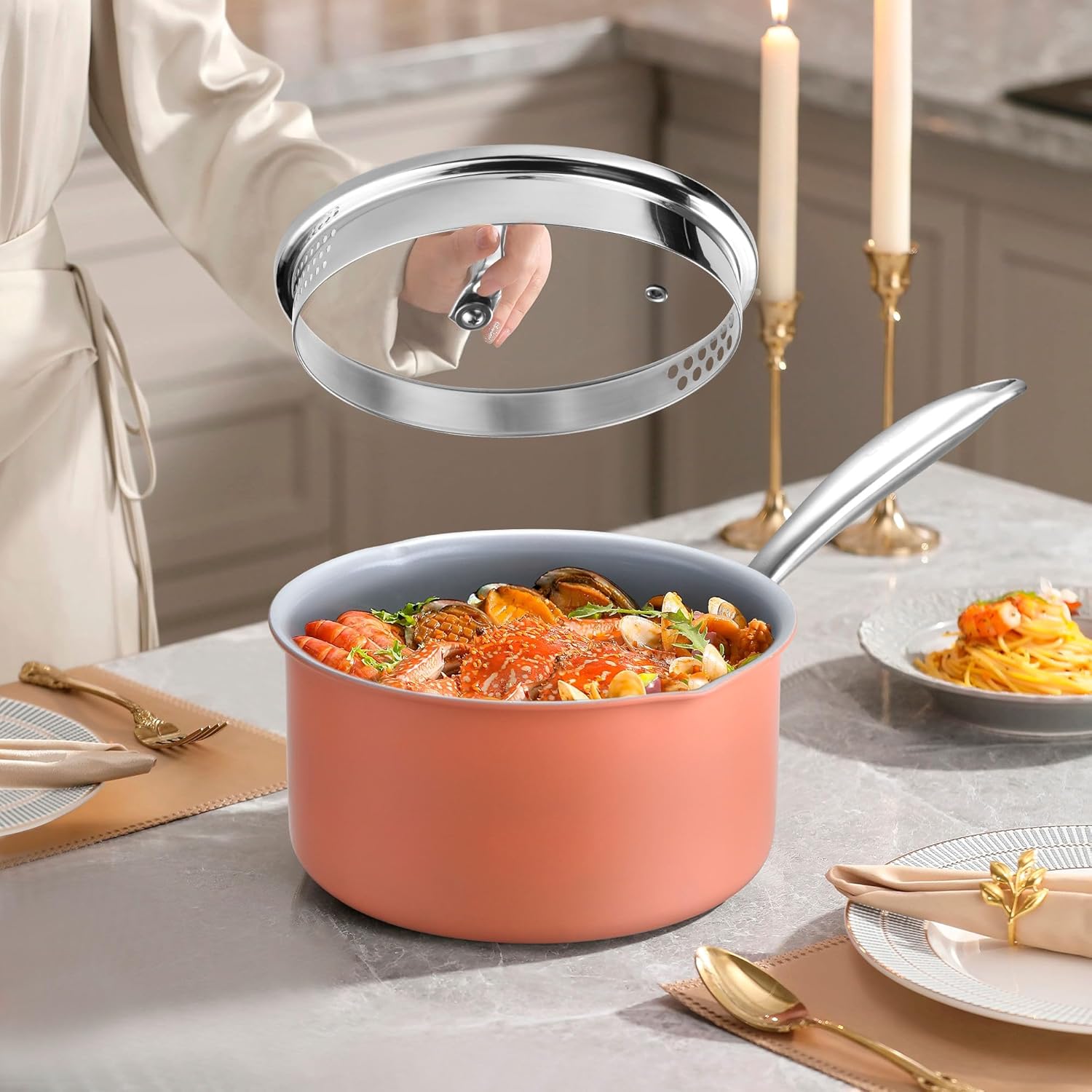 2 qt Nonstick Sauce Pan with Lid, Ceramic Saucepan Small Cooking Pot Non Toxic, PTFE & PFOA Free - Oven Safe & Compatible with All Stovetops (Gas, Electric & Induction)-Perracotta - Culinary Roots