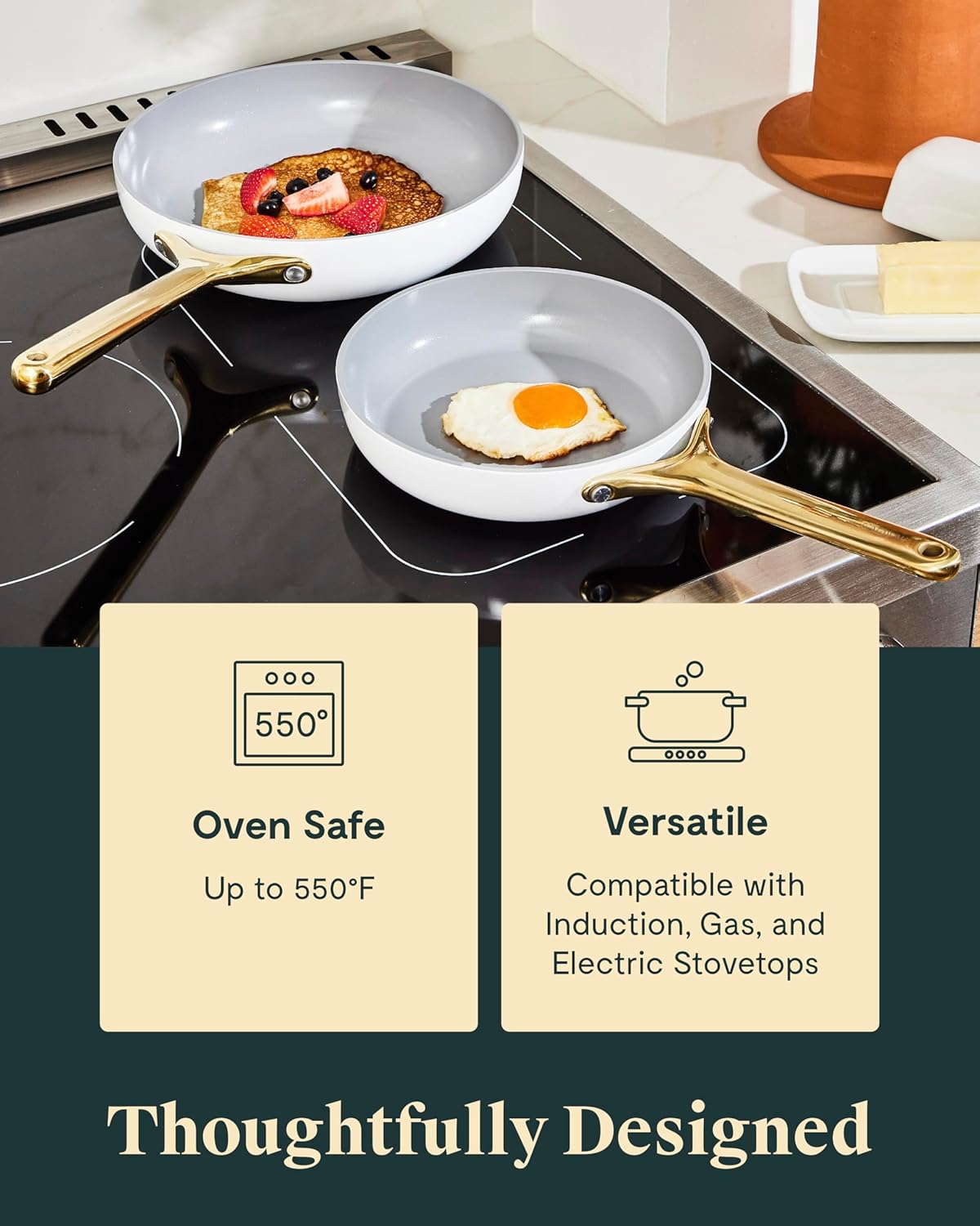 Caraway Ceramic Nonstick Fry Pan Set with Glass Lids – Includes Two 10.5” Fry Pans, One 8” Fry Pan, & Three Lids - Non Toxic, PTFE & PFOA Free - Oven Safe & Compatible with All Stovetops - White