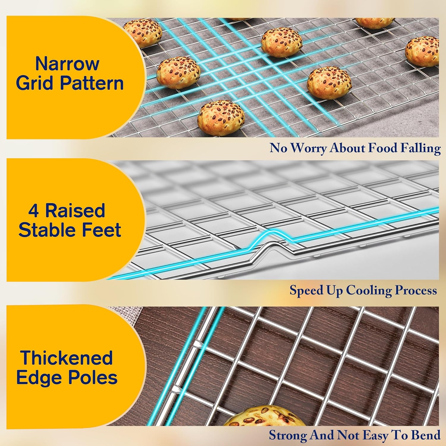 2PCS Cooling Racks for Cooking and Baking -11.65''x16.85''Heavy Duty Stainless Steel Wire Rack for Baking, Grilling, Roasting - Oven & Dishwasher Safe - Fits Half Sheet Pan（Silver） - Culinary Roots