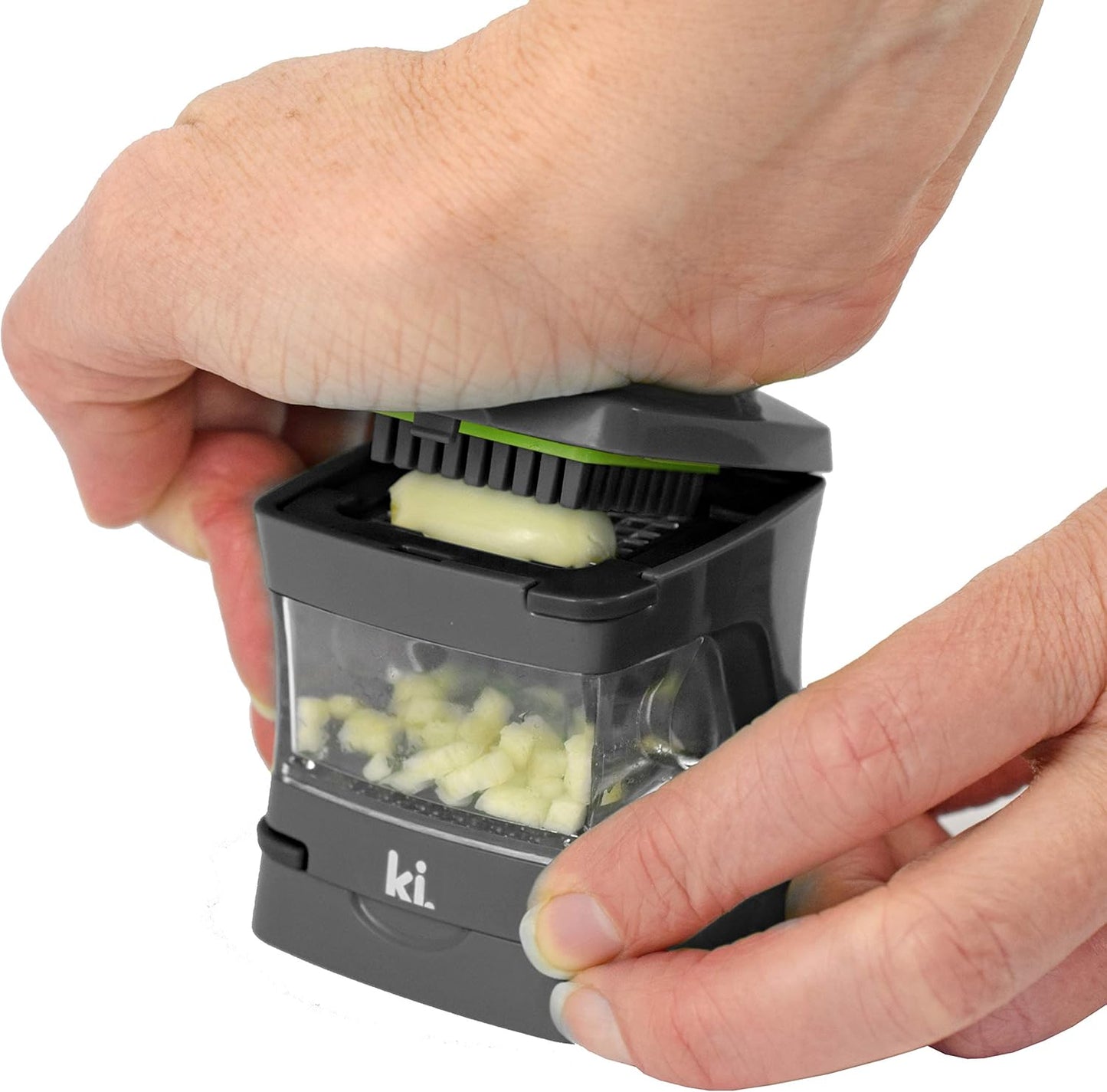 Garlic-A-Peel Garlic Press, Crusher, Cutter, Mincer, and Storage Container - Includes Silicone Garlic Peeler - Easy to Clean - Stainless Steel Blades – (Grey), standard - Culinary Roots