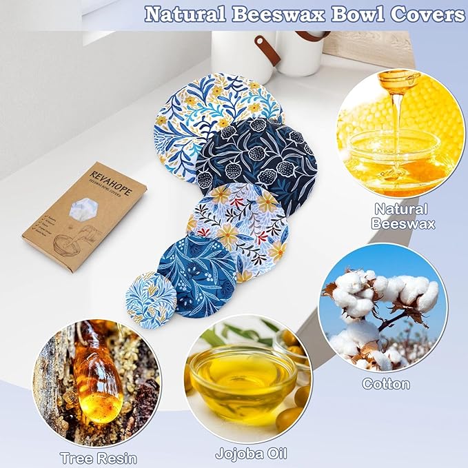 5-Size Reusable Beeswax Bowl Covers for Bread Proofing, Cotton Cloth Flexible Beeswax Wraps for Food Storage(Blue Floral)
