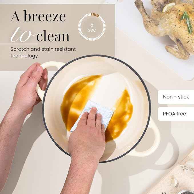 Cast Iron Pot with Lid – Non-Stick Ovenproof Enamelled Casserole Pot, Oven Safe up to 500° F – Sturdy Dutch Oven Cookware – Cream, 5-Quart, 24cm – by Nuovva