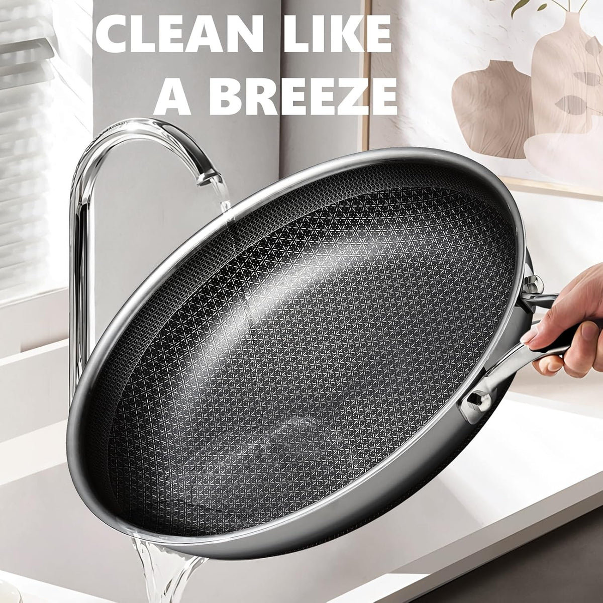 Non Stick Frying Pans Set with 2 Lid, Hybrid Pans Set Nonstick (8+10+12inch),Skillets for cooking, PFOA Free Stainless Steel Kitchen set, Dishwasher and Oven-Safe Cookware Sets