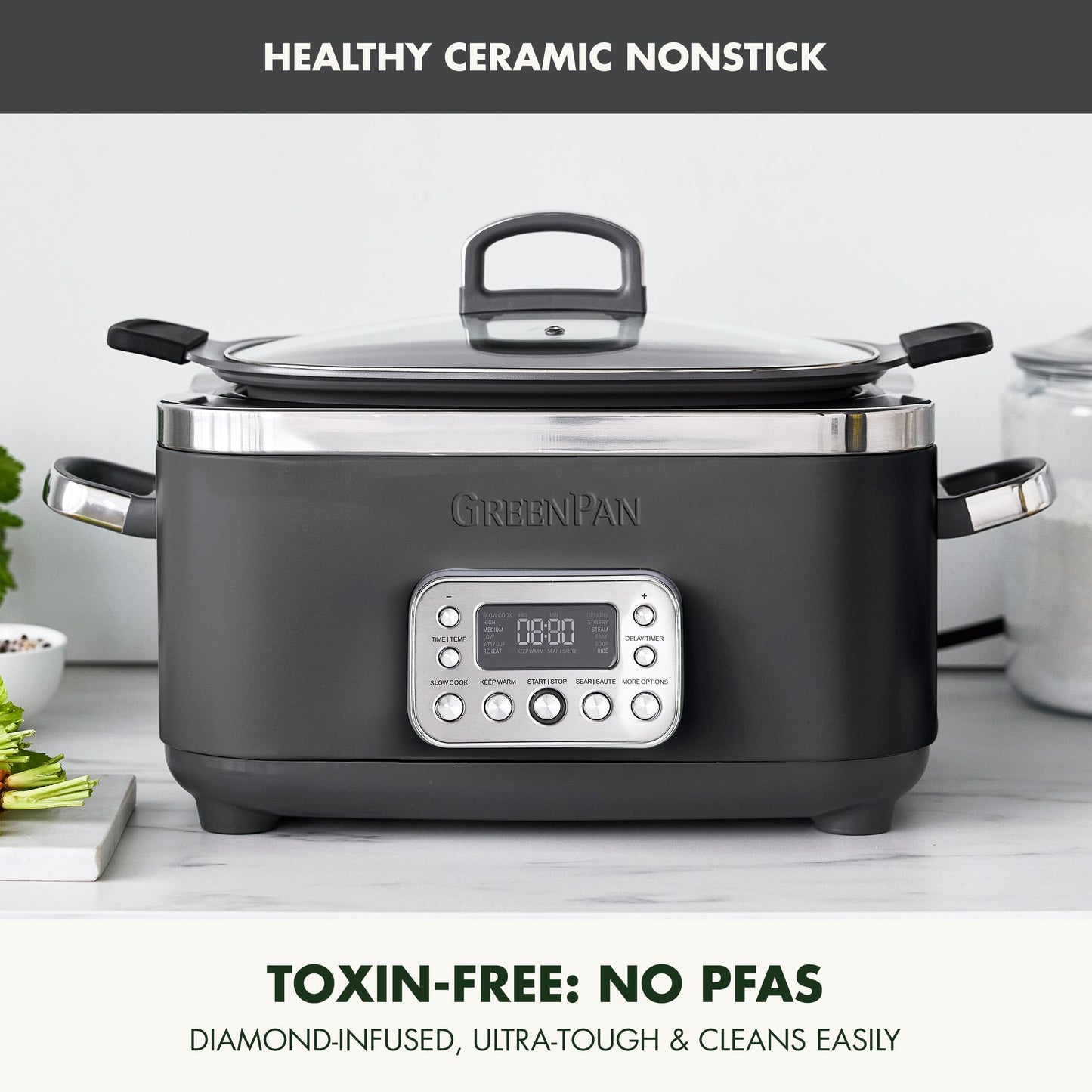 Elite 14-in-1 Nonstick 6QT Electric Slow Cooker, PFAS-Free Ceramic Multi-Cooker, In-Pot Browning, Dishwasher Safe Lid & Removable Crock, Stainless Steel Steamer, Silicone Handles, Graphite