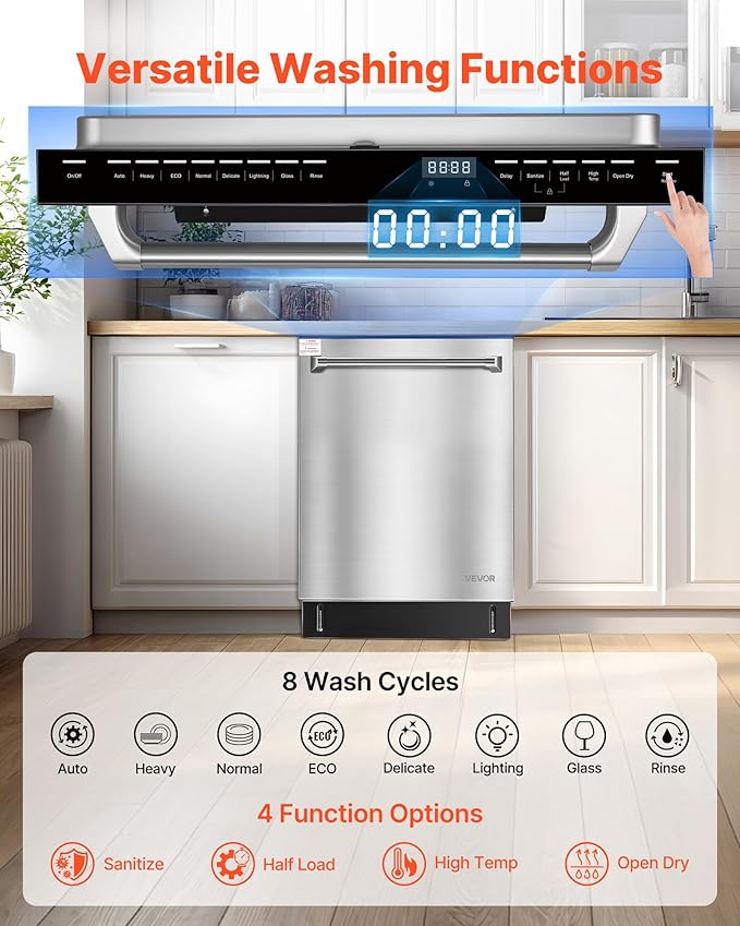VEVOR 24 Inch Built-In Dishwasher, Stainless Steel Tub, 14 Place Settings and 8 Washing Programs, 23.82 x 25.2 x 33.78 Inch Low-Noise Dishwashing Machine with Upper/Lower Racks and Zoned Storage