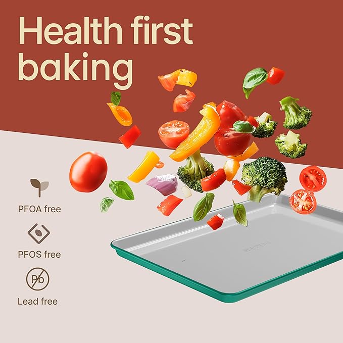 Bakken 8-Piece Stackable Bakeware Set – Ceramic Non-Stick, Oven-Safe Baking Sheets & Pans, PTFE/PFOA/PFOS-Free, Ergonomic Handles, Includes Cooling Rack – Healthy, Non-Toxic Baking Essentials