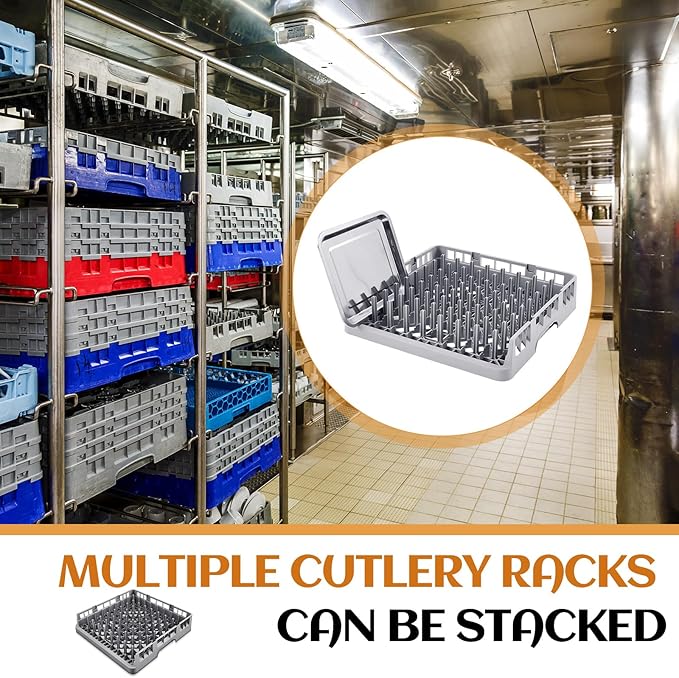 1 Pack Commercial Dishwasher Tray Rack Polypropylene Full Size Flatware Rack for Bowls Plates Knives Forks Cups (Peg Dish Opening,Gray)