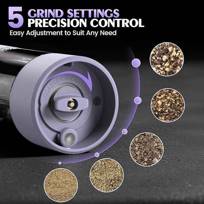 1 Pack Salt and Pepper Grinder- Gifts for Women Automatic Battery Purple Pepper Mill Shakers Kitchen Accessories Cooking for Mom, Adjustable Coarseness Salt Pepper Shakers