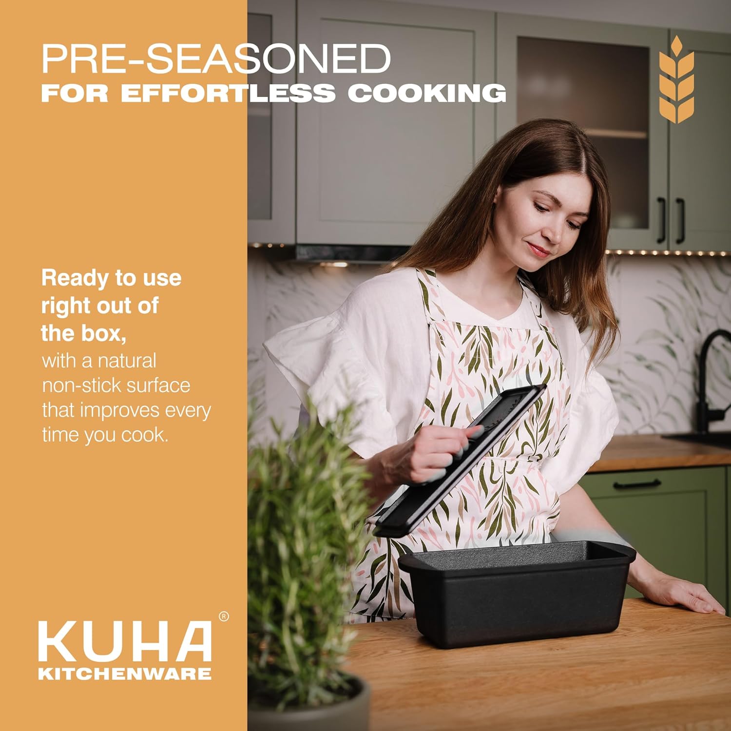 KUHA Cast Iron Bread Loaf Pan with Lid + Heat Resistant Gloves - Pre-Seasoned Cast Iron Bread Pan with Handles - Oven-safe bread pans for homemade bread - Ideal Loaf Pans for Campfire or Home Kitchen - Culinary Roots