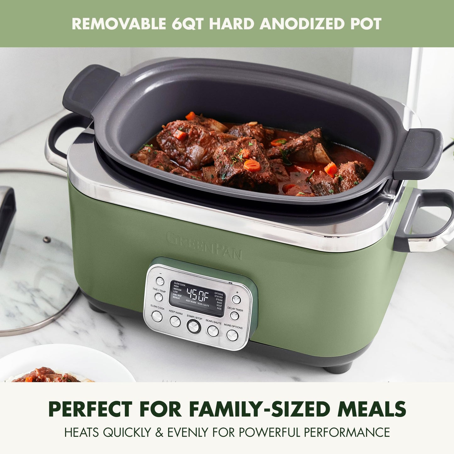 Elite 14-in-1 Nonstick 6QT Electric Slow Cooker, PFAS-Free Ceramic Multi-Cooker, In-Pot Browning, Dishwasher Safe Lid & Removable Crock, Stainless Steel Steamer, Silicone Handles, Sage Green