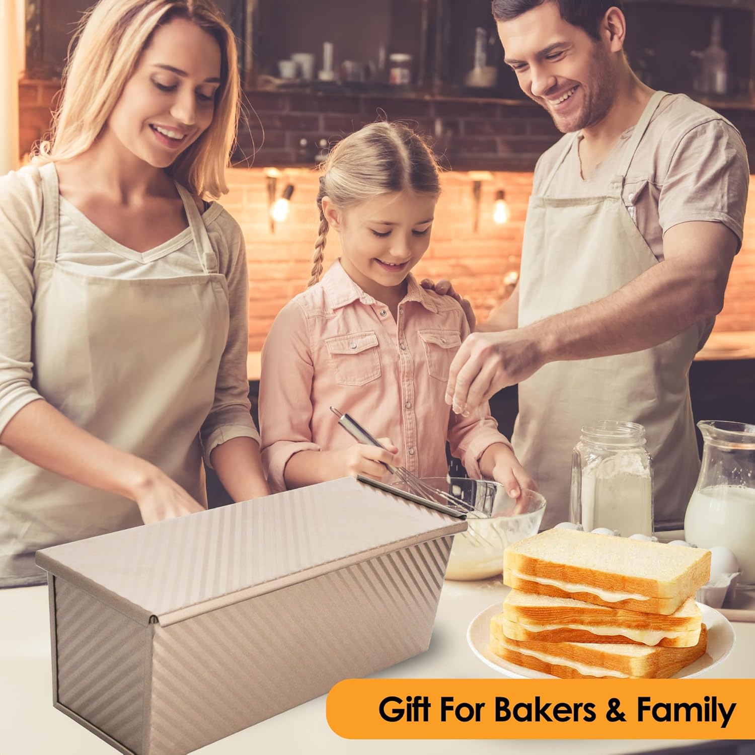 2-pack 2.2lb Gold Pullman Loaf Pan with Lid, Premium Non-Stick Coating Bread Pan, PFTE and PFOA-Free, Safe and Healthy Baking for Homemade Bread with Family-sized Recipes - Culinary Roots