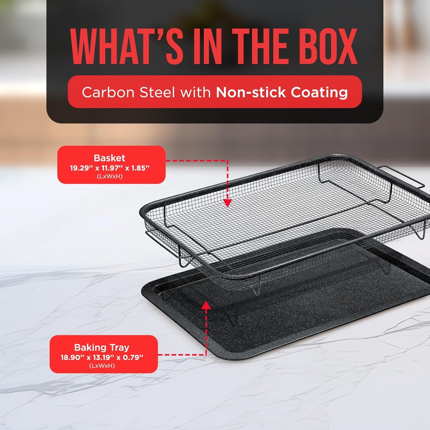 Crisper Tray Gray marble Coating - 2-Piece Set, Non-Stick Basket Design for Healthier Cooking in Regular Ovens - Make Great Crispy Food, Bacon and More, Extra Large Size 19" x 13" - Culinary Roots