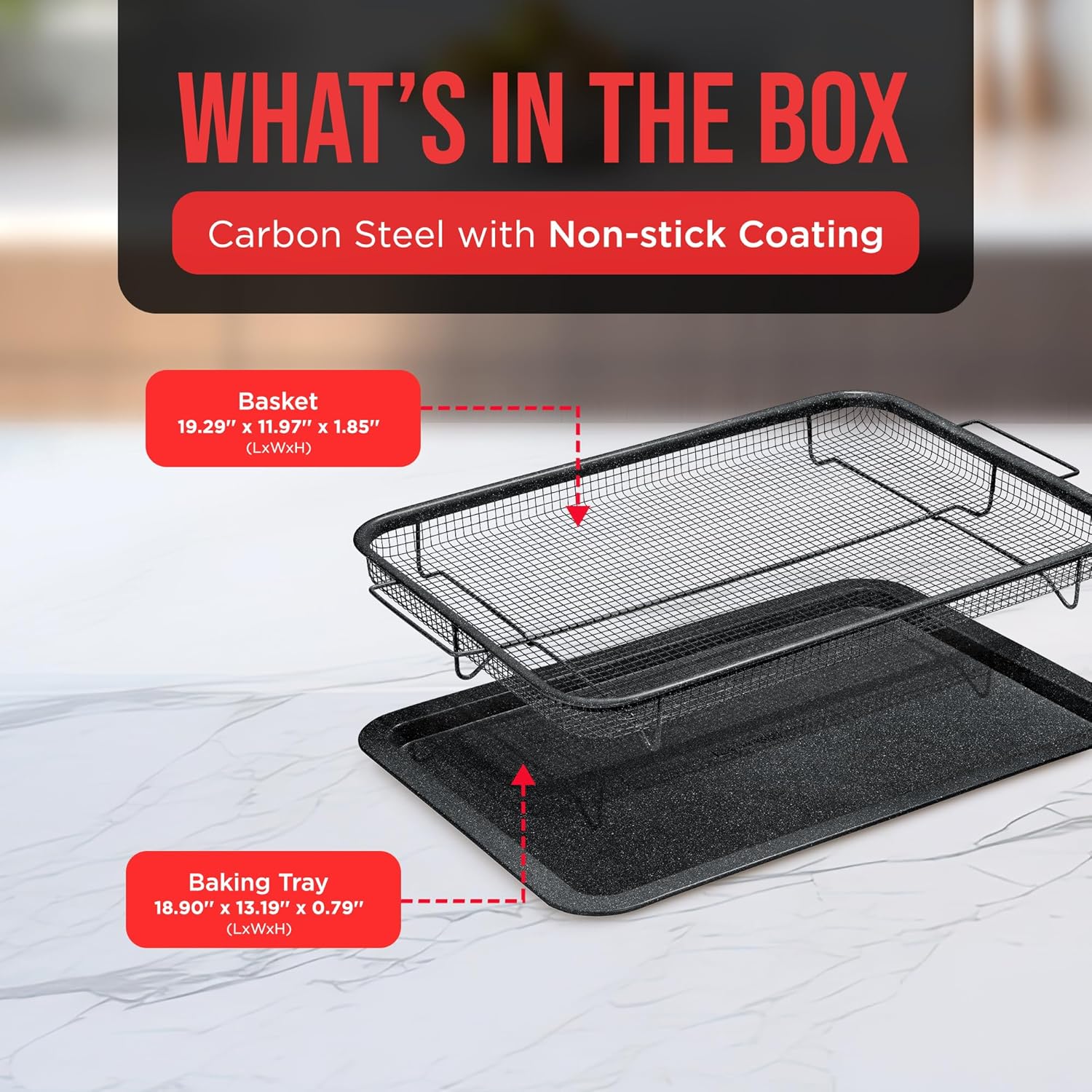 Crisper Tray Gray marble Coating - 2-Piece Set, Non-Stick Basket Design for Healthier Cooking in Regular Ovens - Make Great Crispy Food, Bacon and More, Extra Large Size 19" x 13" - Culinary Roots