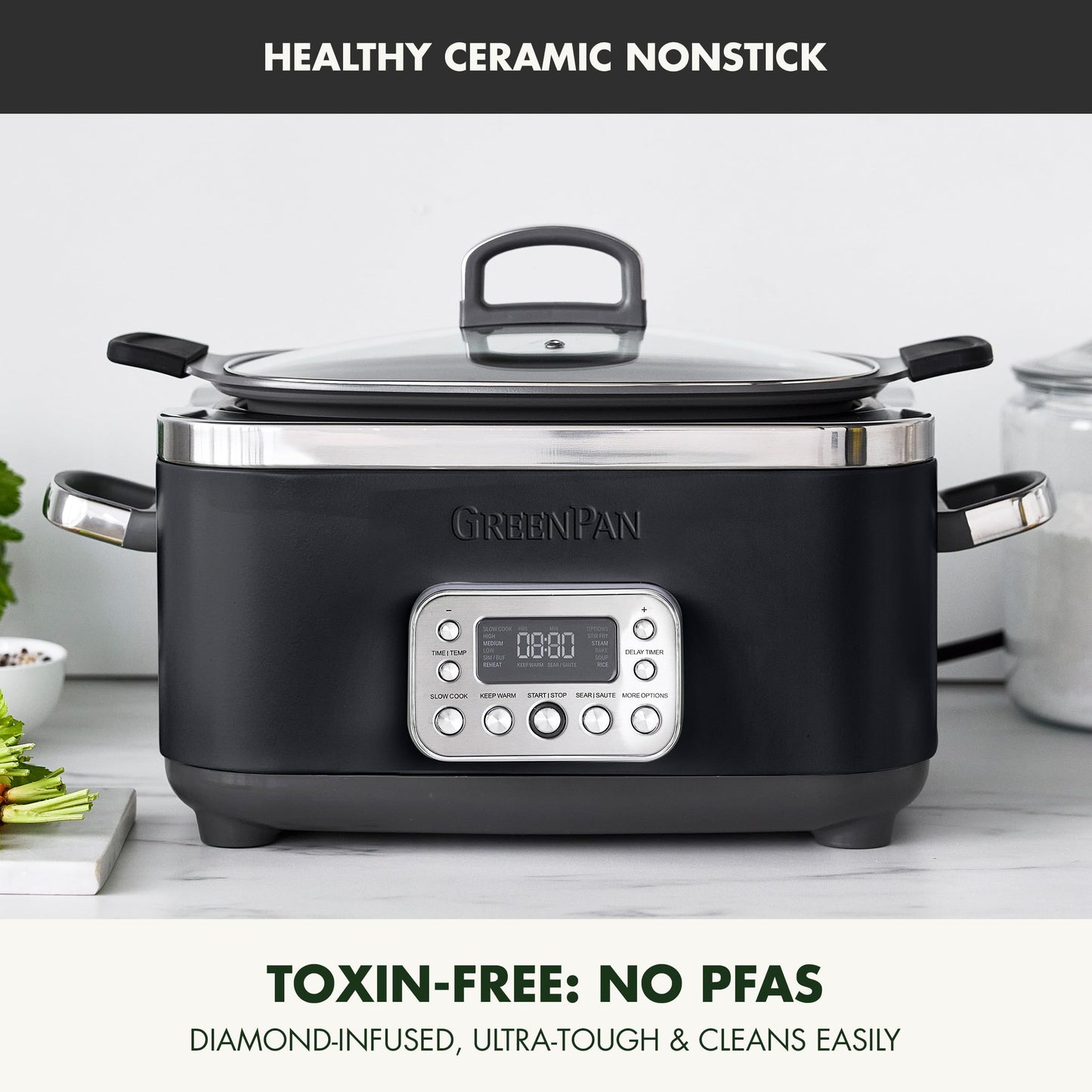 Elite 14-in-1 Nonstick 6QT Electric Slow Cooker, PFAS-Free Ceramic Multi-Cooker, In-Pot Browning, Dishwasher Safe Lid & Removable Crock, Stainless Steel Steamer, Silicone Handles, Black