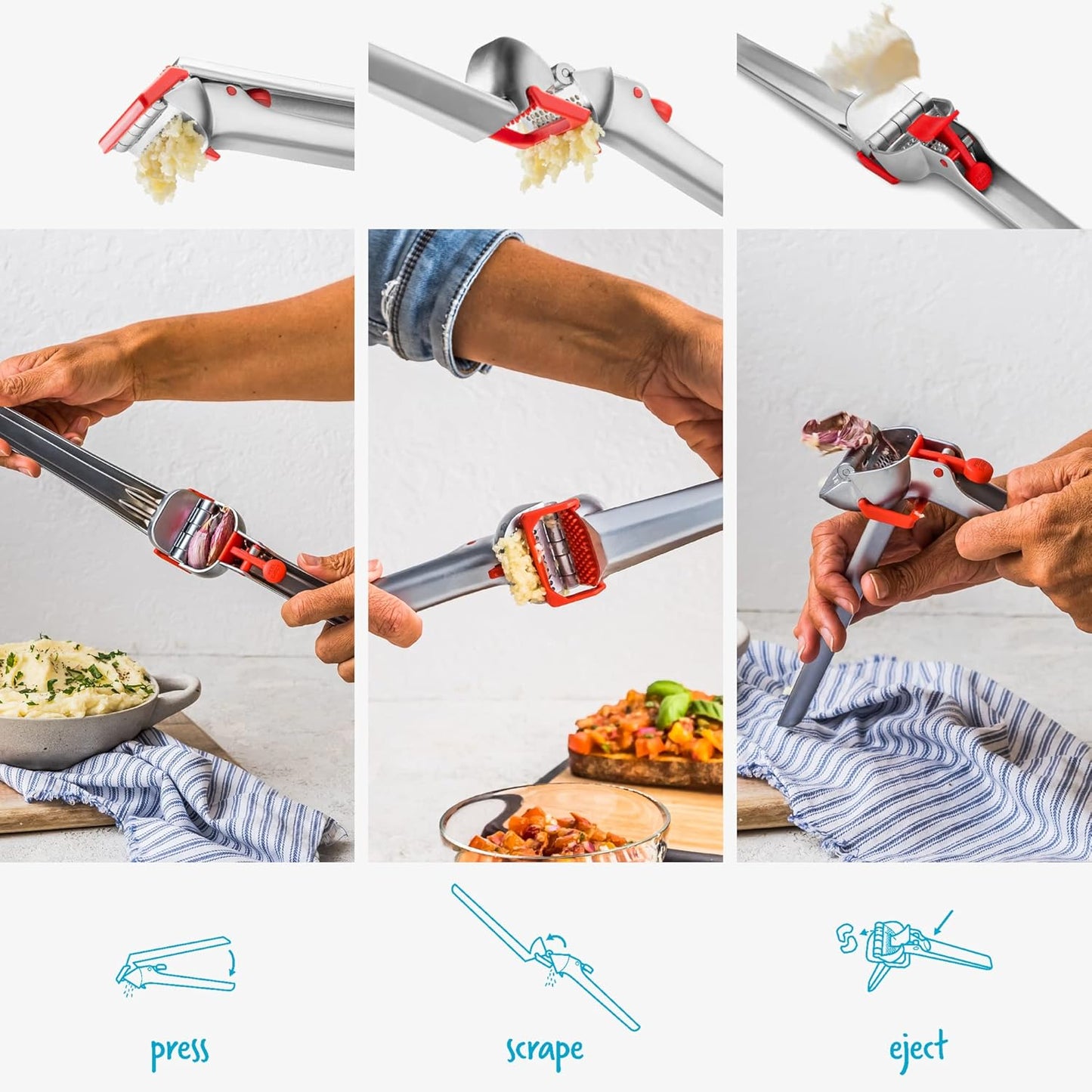 Dreamfarm Garject 2-In-1 Garlic Peeler, Garlic Press & Mincer with Garlic Peel Ejector, Chrome-Plated Zinc - Red - Culinary Roots