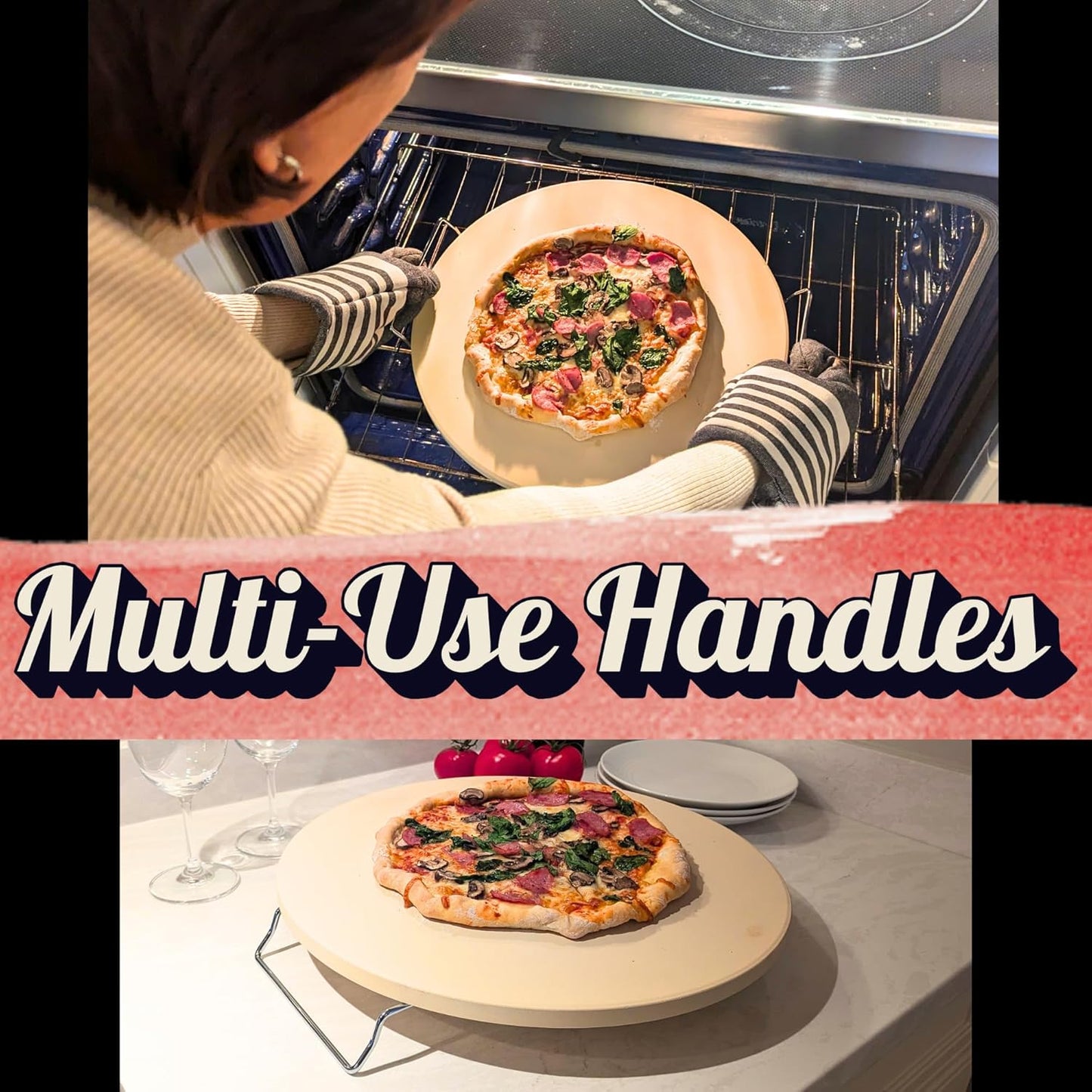 Large Pizza Stone for Oven 16 inch - Round Pizza Stone for Grill with Handles, Wood Pizza Peel and Cutter Set - Baking Stone for Bread - Pizza Making Kit Accessories - Gifts for Food Lovers - Culinary Roots
