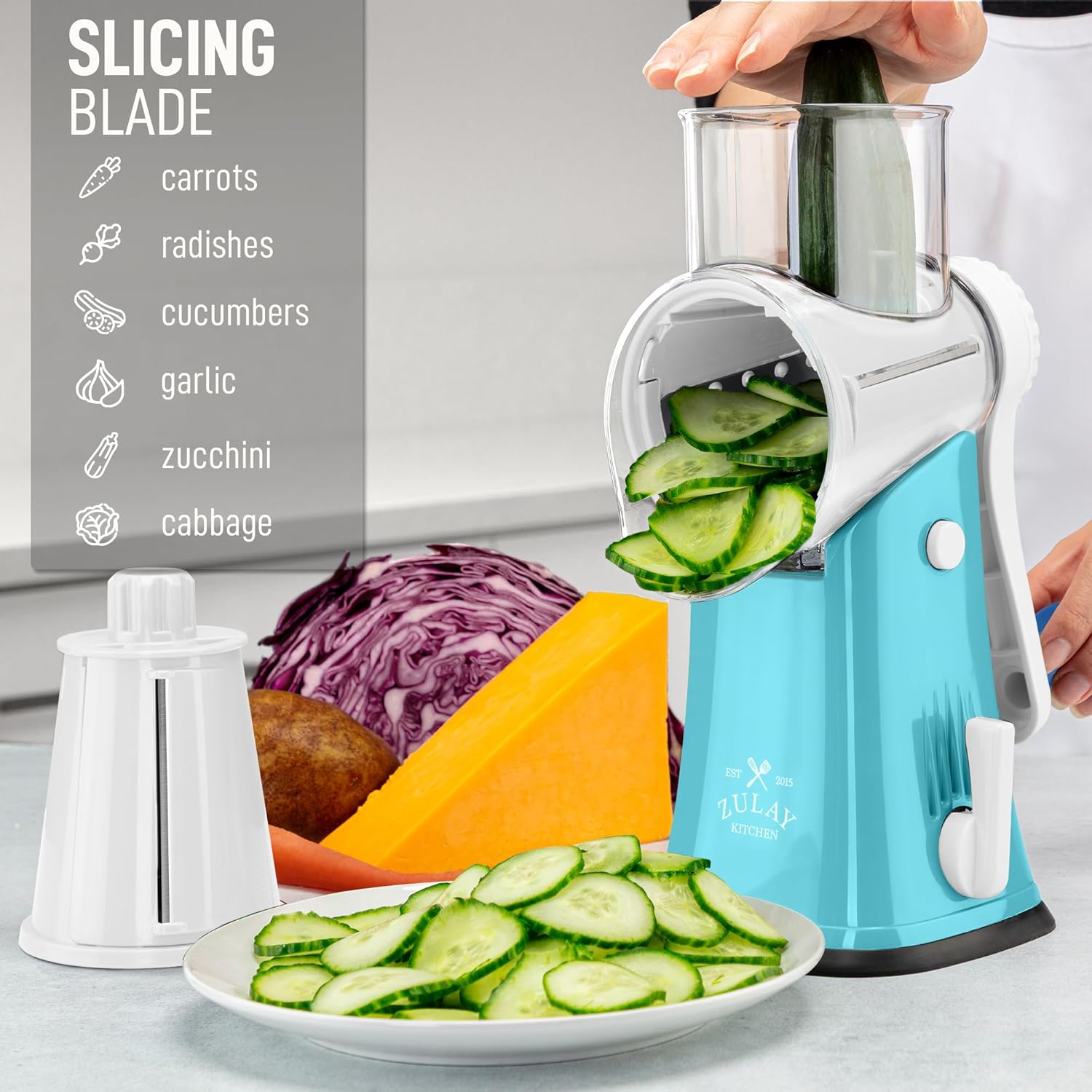 Zulay Kitchen Rotary Cheese Grater 5 Blade Cheese Shredder - Manual Hand Crank Cheese Grater With Reinforced Suction & 5 Interchangeable Drums - Easy to Use, Vegetable Chopper Round Mandoline Slicer - Culinary Roots