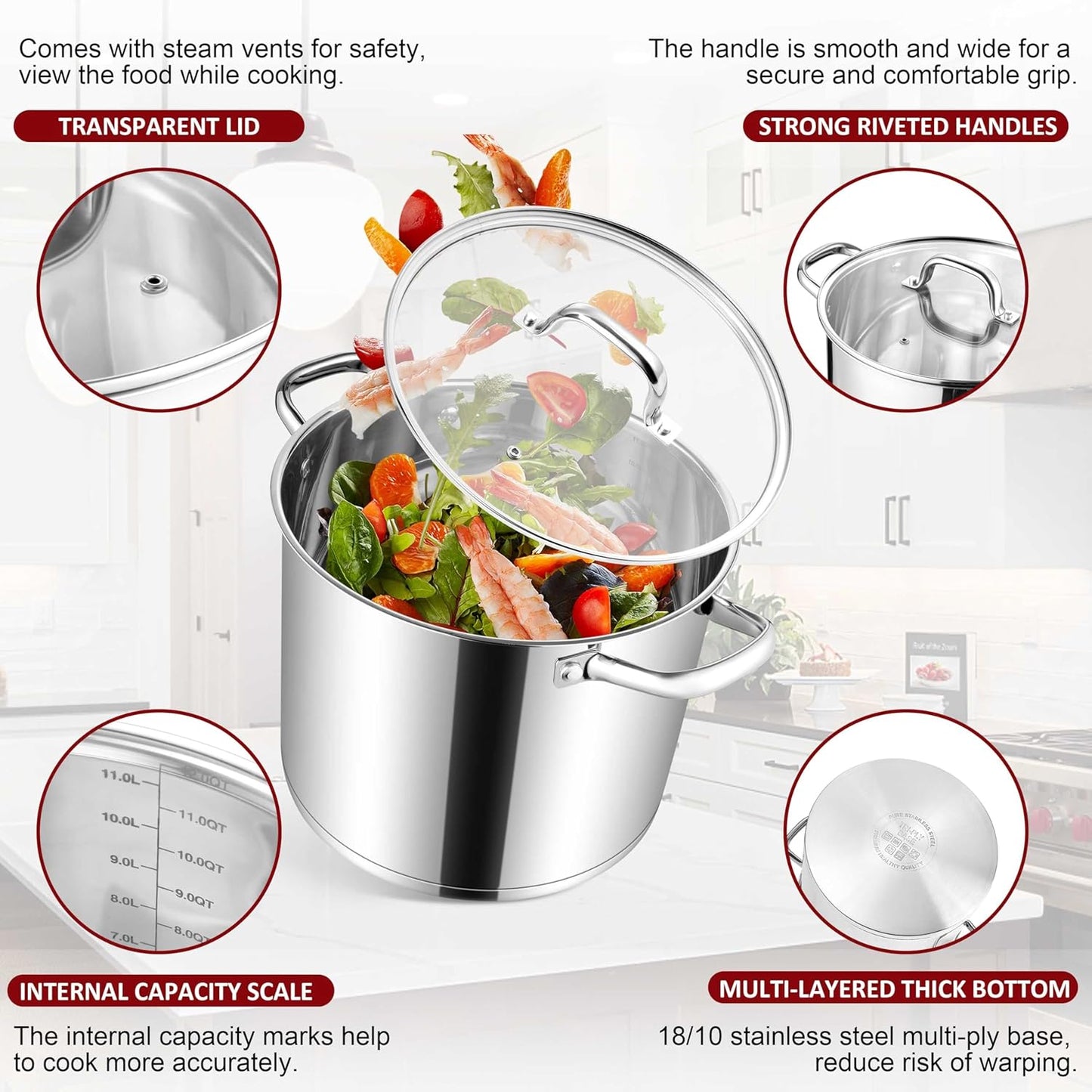 Herogo 12-Quart 18/10 Stainless Steel Stock Pot with Lid, Large Heavy Duty Soup Pot Compatible with Electric, Gas, Induction and Various Cooktops, Dishwasher Safe - Culinary Roots