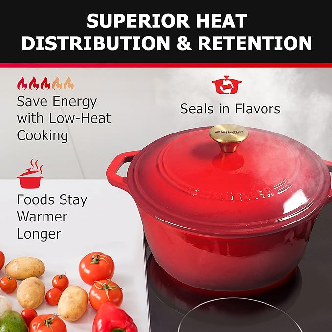 Mueller 6qt Enameled Cast Iron Dutch Oven, Heavy-Duty Casserole and Braiser Pan with Lid and Knob, Oven-Safe up to 500° F & Across All Cooktops, Red
