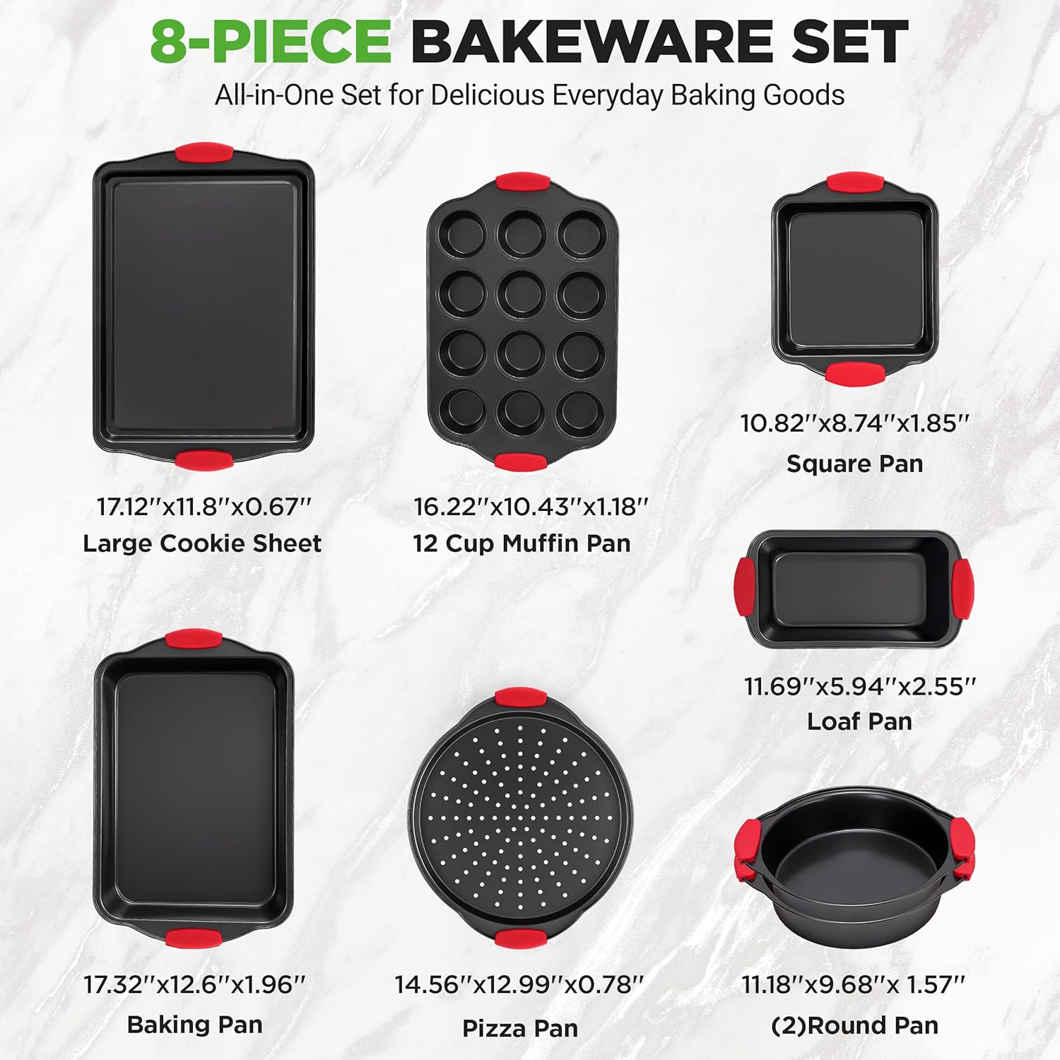 NutriChef Non-Stick Kitchen Oven Baking Pans-Deluxe & Stylish Nonstick Gray Coating Inside Outside, Commercial Grade Restaurant Quality Metal Bakeware with Red Silicone Handles NCSBS8S, 8 Piece Set - Culinary Roots