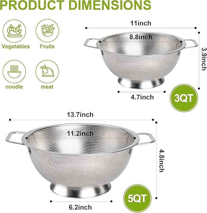 Colander Stainless Steel 3-Quart, Strainer for Kitchen Food, Dishwasher Safe