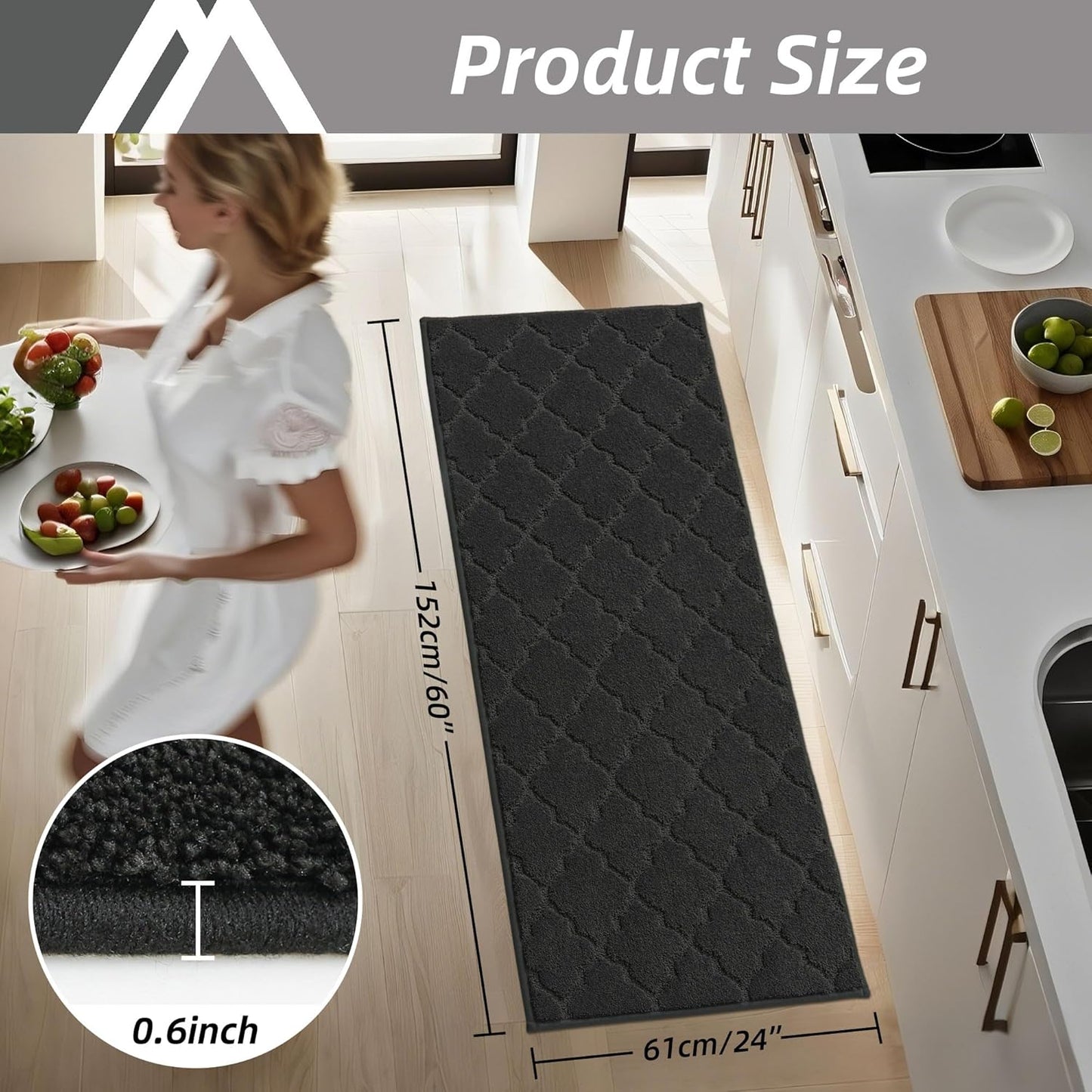 COSY HOMEER-Kitchen-Rugs-Non-Slip-Washable 24"x60" Absorbent Kitchen Runner Rug Polyester Kitchen Mats for Floor Soft Standing Floor Mats for Sink Mat,Hallway,Laundry,Black