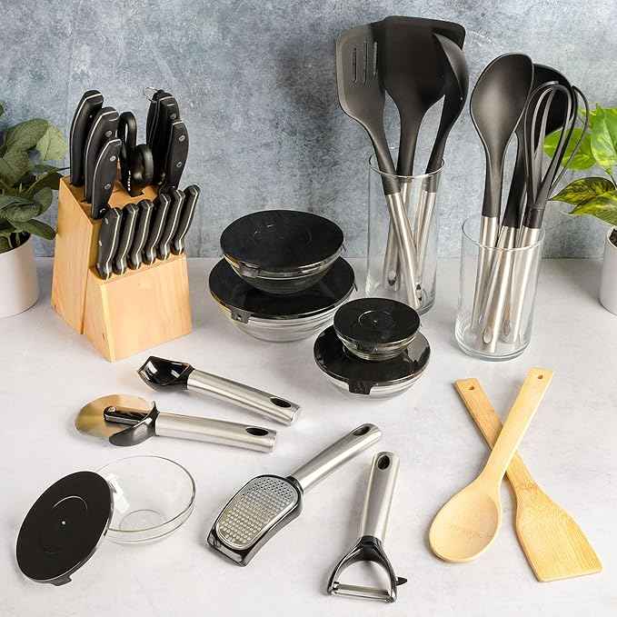 Gibson Home 95 Piece Kitchen in a Box Pots and Pans Cookware, Plates and Bowls Dinnerware, Cutlery Knife Block, Flatware Utensils, Tools & Gadgets, Storage, Glasses Set