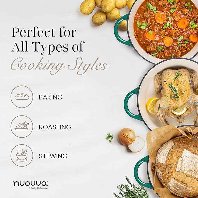 Nuovva Enamelled Cast Iron Dutch Oven Pot with Lid – 6.4 Quart Non Stick Casserole Pot – Heavy Duty & Oven Safe up to 500° F for Bread Baking, Braising, Stews, Roasting – 28cm Dark Green
