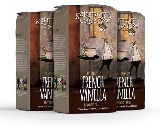 KALAMAZOO COFFEE COMPANY French Vanilla Whole Bean Coffee - That Silky Sip Flavored Coffee | 12oz Bag (3 Pack)