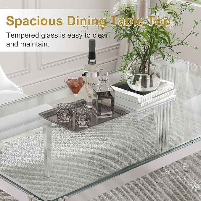 51'' Modern Glass Dining Table for 4 People,Tempered Glass Top Dining Room Table with Stainless Steel Base, Glass and Silver Dining Table for 4, Rectangle Dining Kitchen Table for Dinner