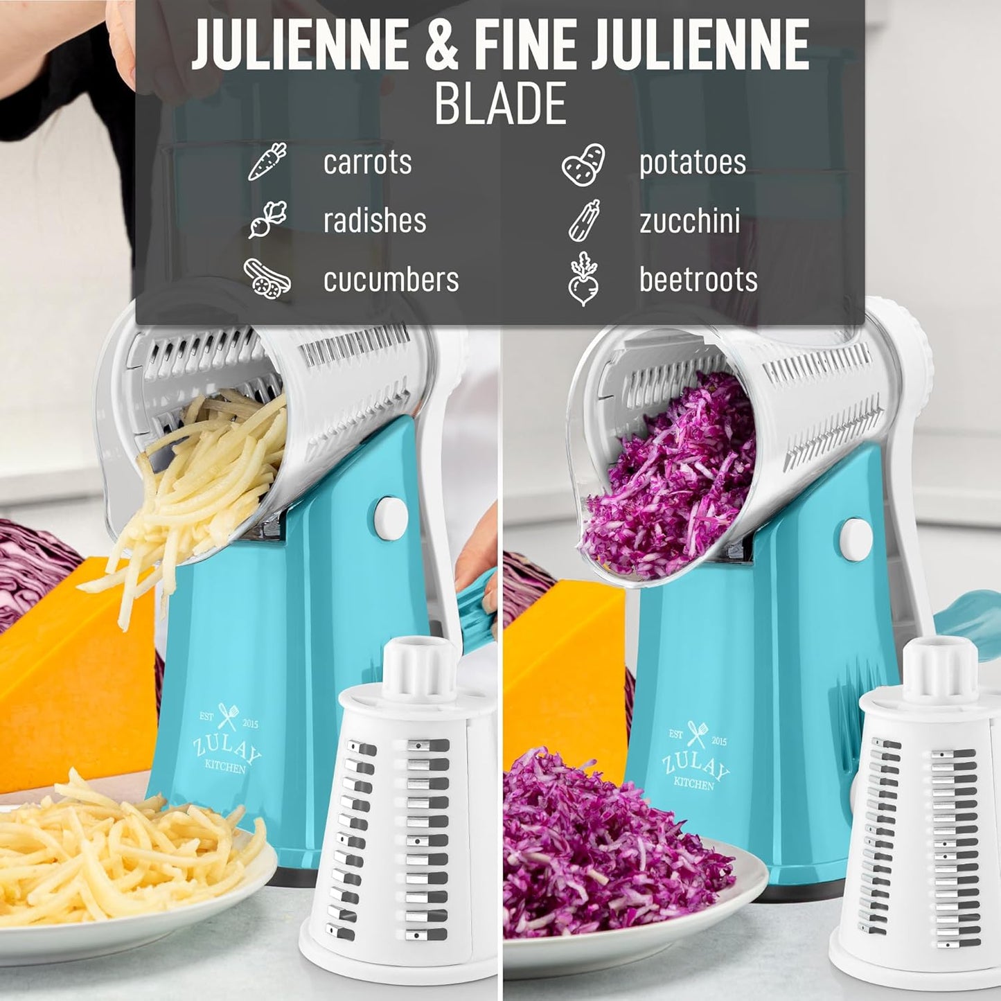 Zulay Kitchen Rotary Cheese Grater 5 Blade Cheese Shredder - Manual Hand Crank Cheese Grater With Reinforced Suction & 5 Interchangeable Drums - Easy to Use, Vegetable Chopper Round Mandoline Slicer - Culinary Roots