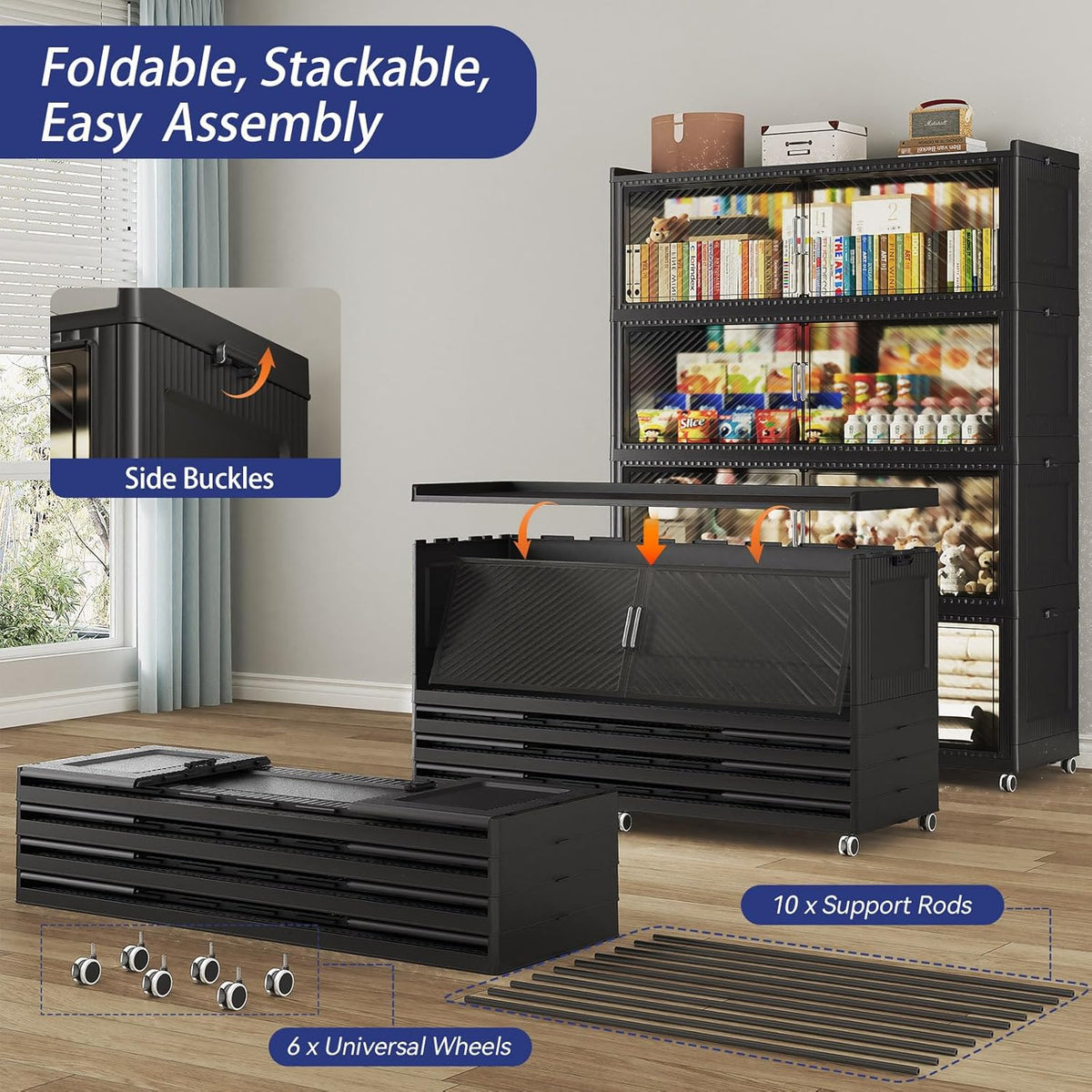 320GAL Extra Large Storage Bins with Lid, 1280QT Plastic Stackable Storage Bins with 6x Wheels, Collapsible Closet Organizer and Storage Drawer Cabinet for Living Room Office Dorm, 4Pack Black