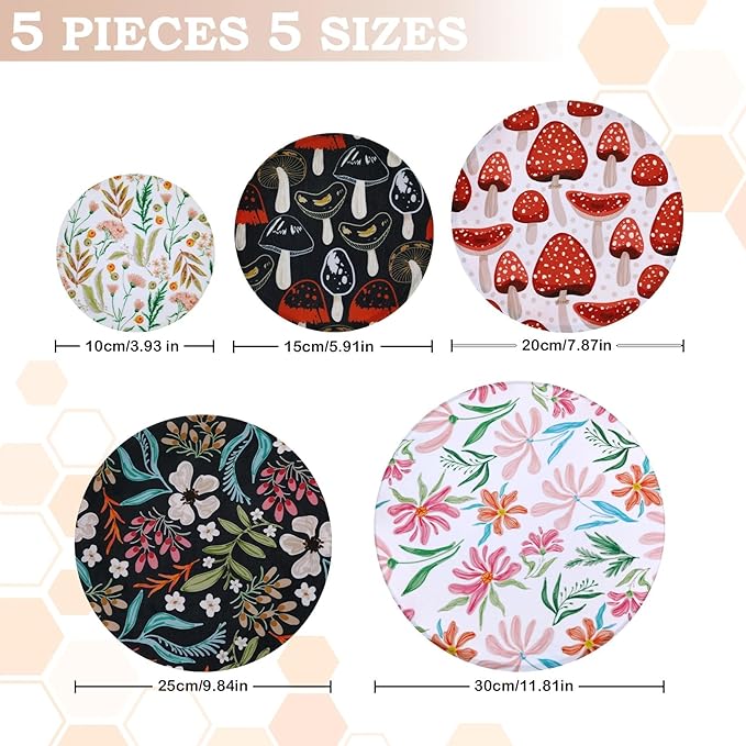 5-Size Reusable Beeswax Bowl Covers for Bread Proofing, Cotton Cloth Flexible Beeswax Wraps for Food Storage(Mushroom)