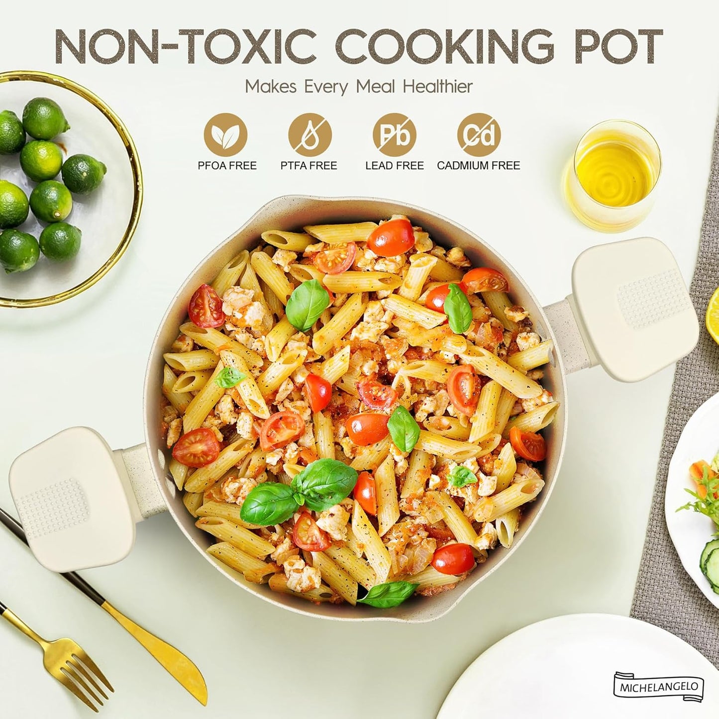 MICHELANGELO Pasta Pot with Strainer Lid - 6 Quart Multipurpose Pot with Twist and Lock Handles, Nonstick Soup Pot with Granite Coating, Induction Compatible, White - Culinary Roots