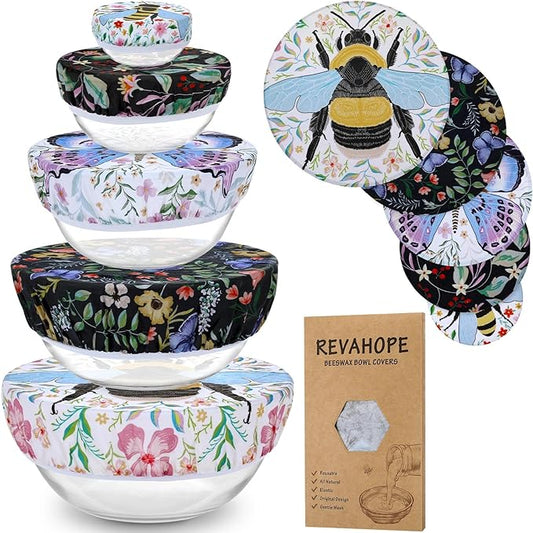 5-Size Reusable Beeswax Bowl Covers for Bread Proofing, Cotton Cloth Flexible Beeswax Wraps for Food Storage(Honeybee)