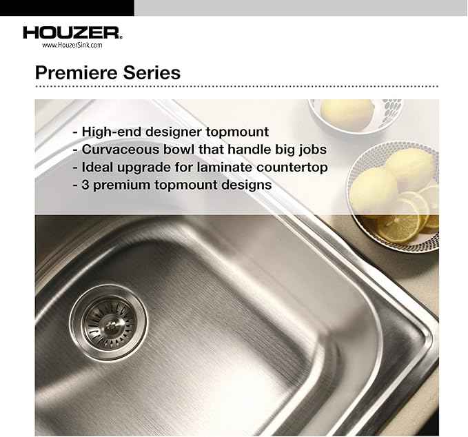 Houzer Premier Stainless Steel Kitchen Sink: 41 Inch Drop-In Topmount 4-Hole Single Bowl Sink with Strainer & Grid, Durable & Versatile, Essential for Home & Apartment: PGT-4322-C