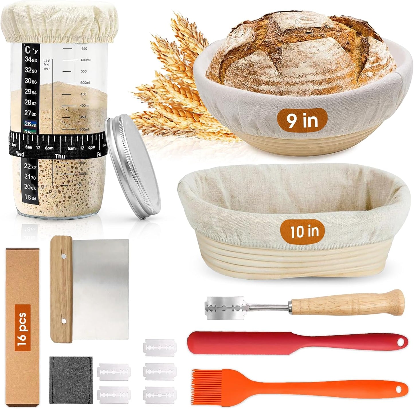 Sourdough Bread Baking Supplies 16 Pcs | Banneton Bread Proofing Basket Kit with Sourdough Starter Jar, 9" Round & 10" Oval Sourdough Proofing Rattan Baskets with Bread Making Tools Gift Set