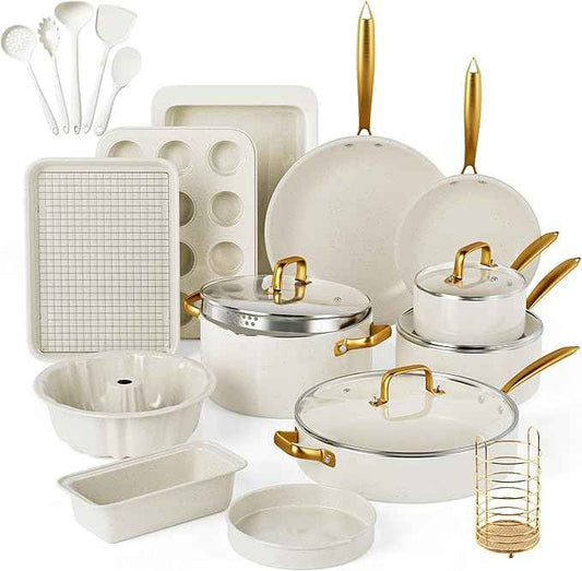 Pots and Pans Set Nonstick - Granite Cookware + Bakeware Set Kitchen Cookware Sets With Dutch Oven, Frying Pans, Saucepan, Sauté Pan, Silicone Utensils, Cookie Sheet, Baking Pan Set for Cooking Gifts