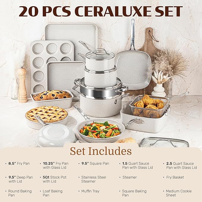 Granitestone Ceraluxe 20 Pc Ceramic Cookware Set Nonstick, Complete Pots and Pans Set Non Stick with 5 Pc Bakeware Set, Deep Frying Pan Set, & Steamer, Non Toxic PFOA Free, Oven & Dishwasher Safe
