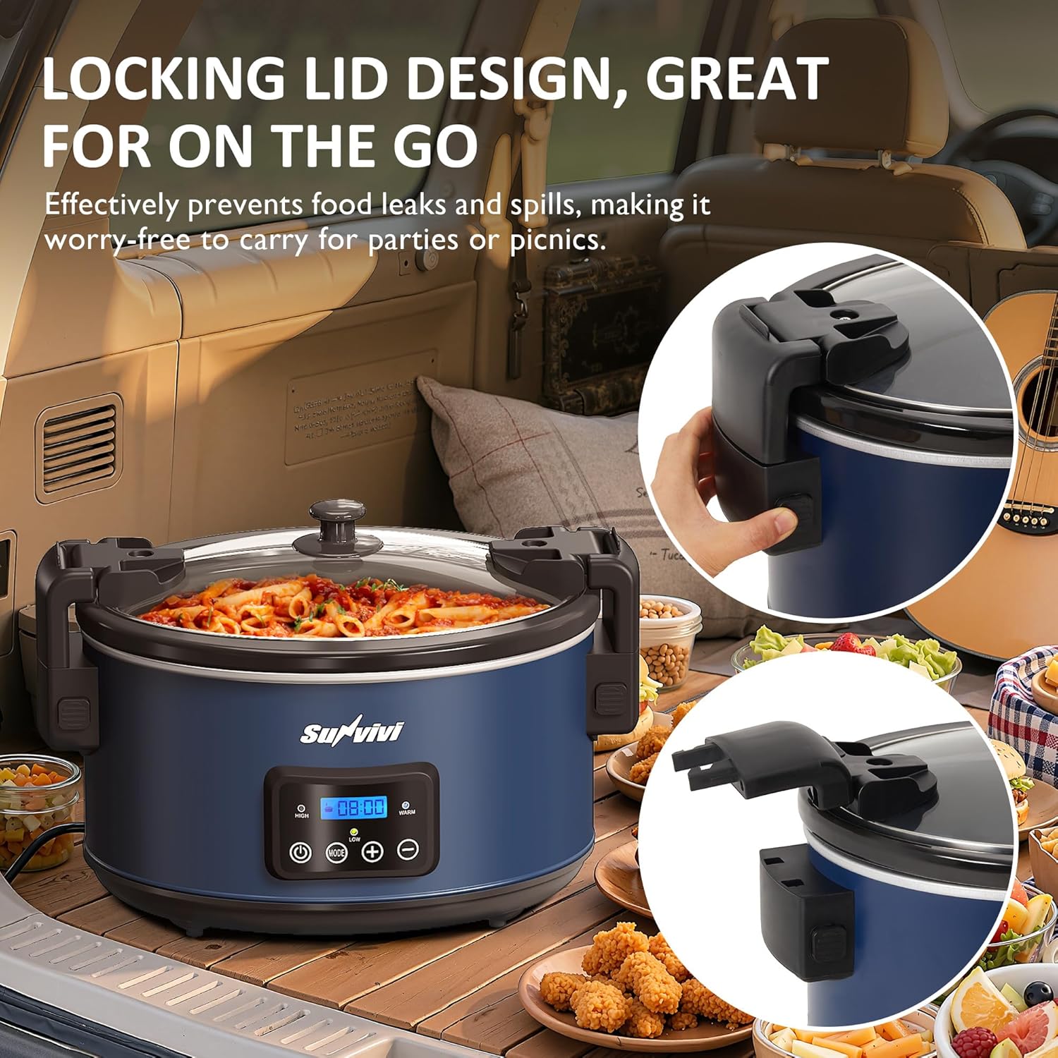 Sunvivi 8.5 Quart Programmable Slow Cooker: Multi-Cooker Food Warmer with Locking Lid & Digital Timer, Adjustable Tempature Control, Dishwasher Safe, Perfect for Families and Gatherings, Blue - Culinary Roots