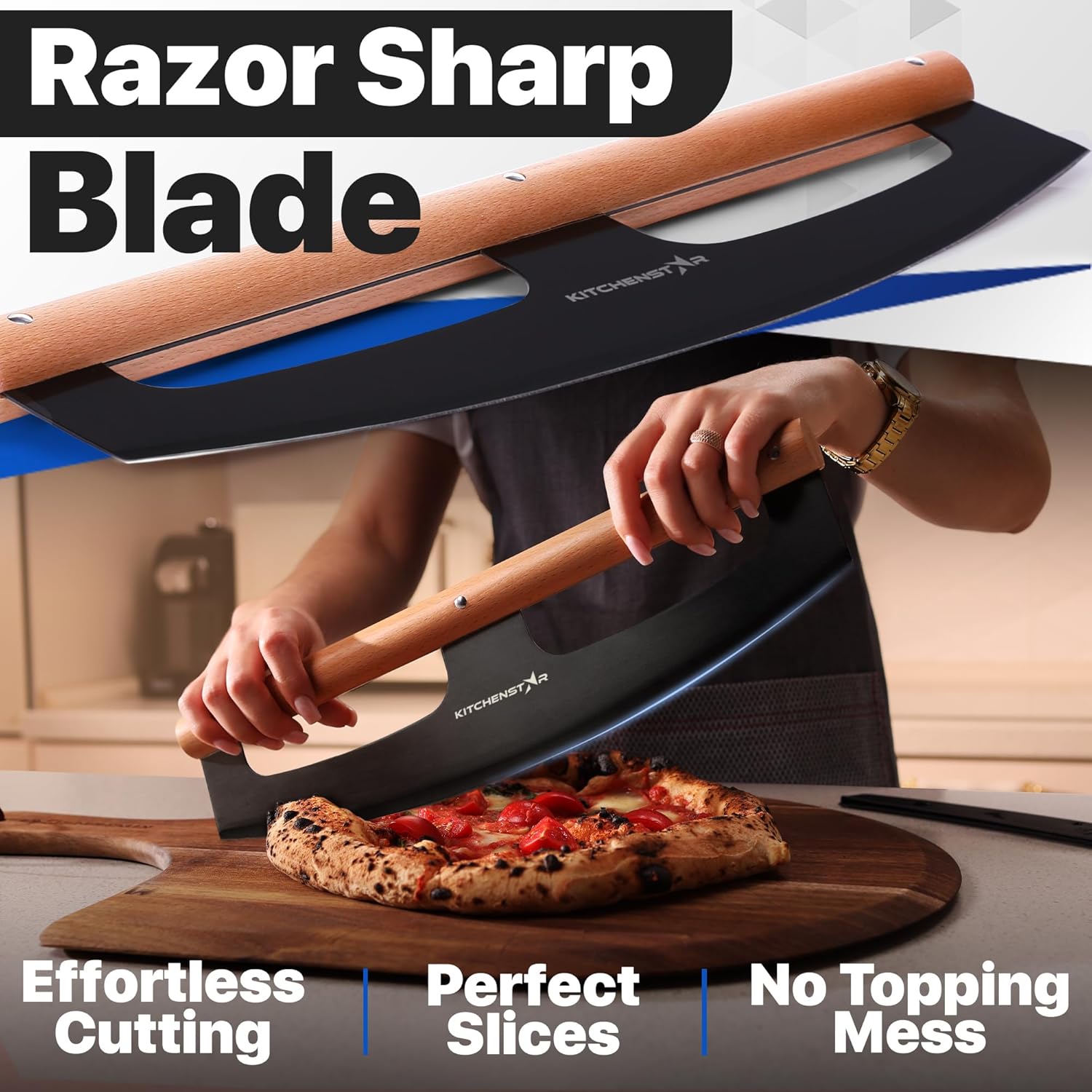 KitchenStar 16-Inch Pizza Cutter Rocker Blade - Razor Sharp Stainless Steel Slicer Knife, Stylish Beech Wood Handle, Protective Cover - Professional Pizza Oven Accessories, Black - Culinary Roots