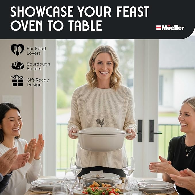 MUELLER HOME 5.5 Quart Enameled Cast Iron Oval Dutch Oven with Rooster Knob & Cotton Potholders, Heavy-Duty Cookware, Oven-Safe up to 500° F & Across All Cooktops, Gifts for Grandma & Women, White