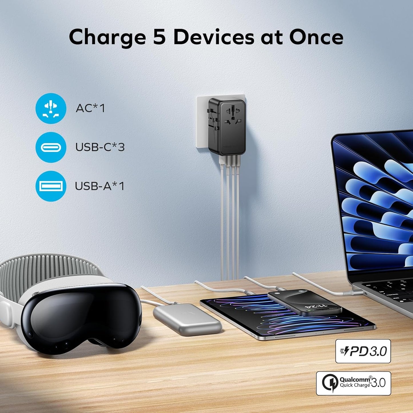 MOMAX 140W Universal Travel Adapter, GaN Technology, EU/UK/AUS/US/JP Worldwide, Fast Charging for iPhone, MacBook pro, Vision Pro, Charging Cable Included